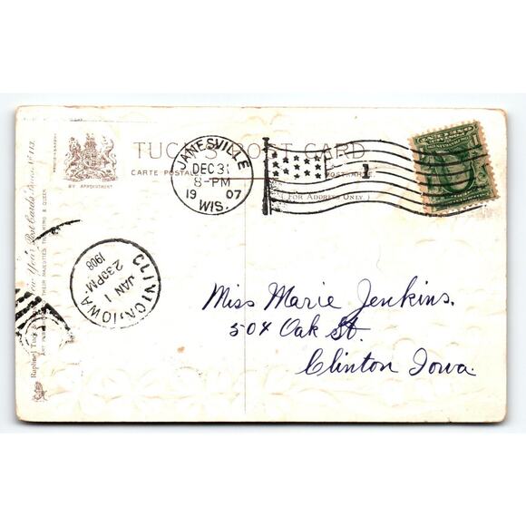 New Year Postcard 1908 Numbers Clovers Flowers Tuck 113 Embossed Greetings 1907 - Picture 2 of 2